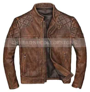Men's Biker Classic British Style Quilted Vintage Motorcycle Real Leather Jacket - Picture 1 of 5