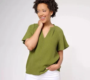 Candace Cameron Bure Cotton Gauze Flutter Sleeve Blouse-Juniper-XXS-NEW-A605359 - Picture 1 of 2