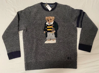POLO RALPH LAUREN BEAR 足球学院针织针织衫男式 L 码羊毛复古 — 第 1/4 张图片
