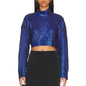 Maglione girocollo NBD blu metallizzato ritagliato GRANDE maglia cavo designer $208 NUOVO - Foto 1 di 7