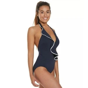 Carmen Marc Valvo Women Deep Navy Ruffled Halter One Piece Swimsuit Size US 12 - Picture 1 of 3