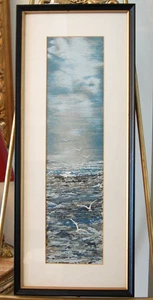 VINTAGE FRAMED MATTED ORIGINAL OIL SEAGULLS IN NIGHT FLIGHT FOAMY WAVES SEASCAPE - Picture 1 of 24