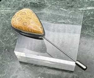 •Custom• Versteinerte Koralle Träne in 925 Sterling Fassung Hut Stecknadel mit Kappe - Bild 1 von 5