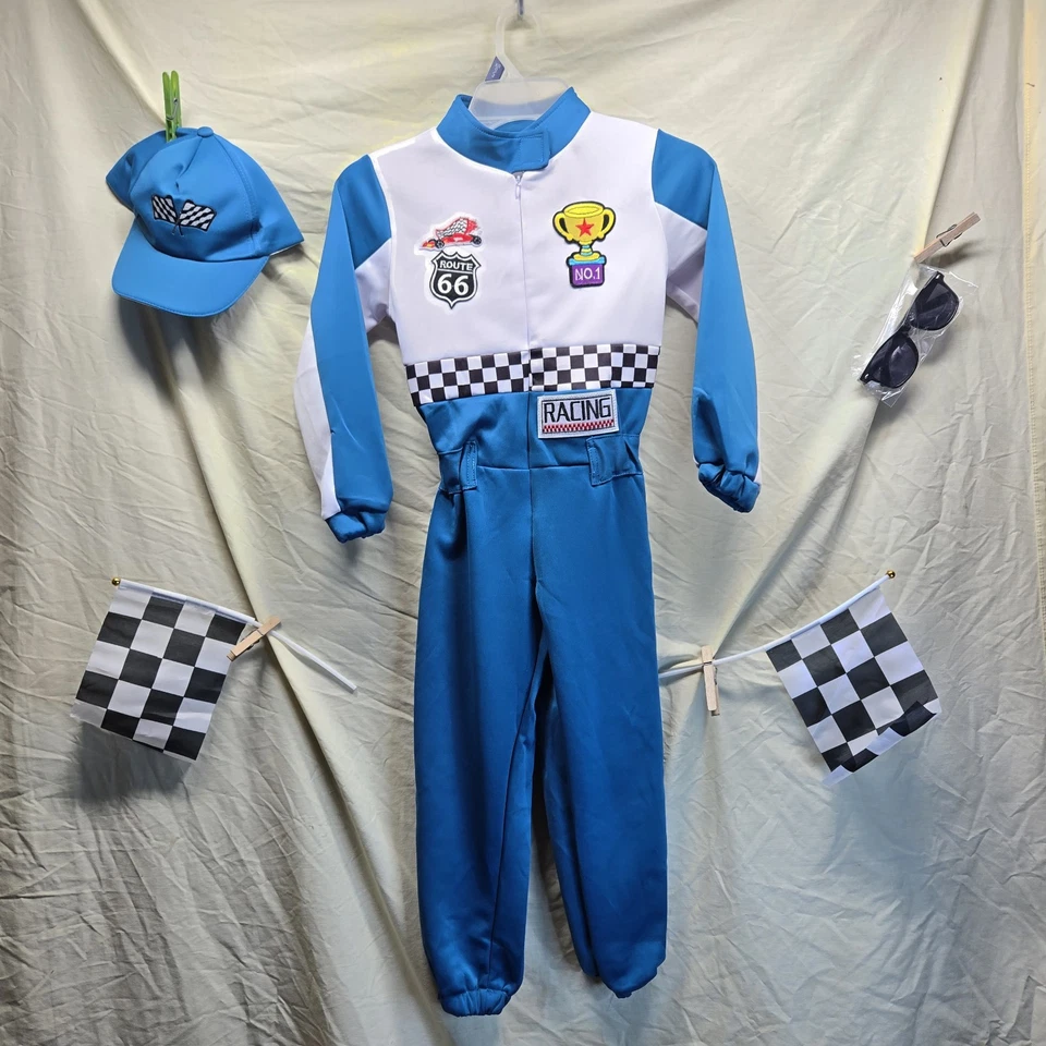 Disfraz de carreras de autos para niños PEQUEÑO con SOMBRERO, 2 BANDERAS, gafas de sol y mono MEDALLA Foto 1 de 4