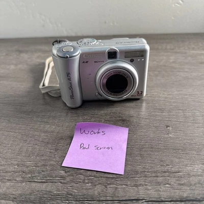 Canon PowerShot A75 3.2MP Digital Camera Silver 3x Optical Zoom WORKS BAD SCREEN - Image 1 of 4