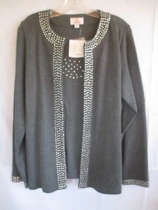NWT Quacker Factory M Gray Cardigan Sweater Attached Tank - Picture 1 of 2