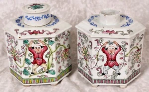 Par de 2 caddy de té de porcelana china Jingdezhen 6 caracteres marca hexagonal forma - Imagen 1 de 12