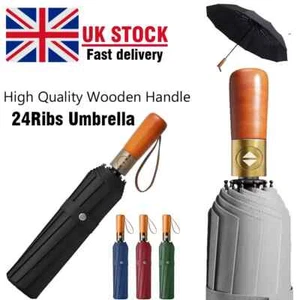 Extra Strength Foldable 24Ribs Automatic Wood handle Large Umbrella Windproof UK - Picture 1 of 20