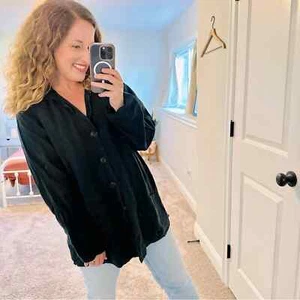 Vintage FLAX Black Linen Jacket Top Button Down Oversized Small - Picture 1 of 13
