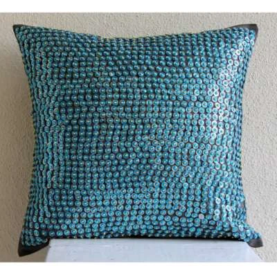 Sofa Cushion Cover Blue 16"x16", Home Decor Silk Circles & Dots - Yellow Spot - Image 1 of 3