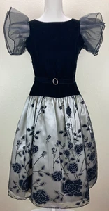 Rare Editions Black Velvet Tulle Dress Tulle Puffy Sleeves Flowers Girl's Sz. 14 - Picture 1 of 19
