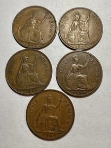 X 5 Coin Set of 1940' s English U K Copper Penny 1940, 1945, 1946, 1948, 1949 - Picture 1 of 2