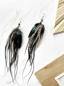 Black Feather Dangle Earrings, Festival earrings, Bohemian Earrings - Picture 1 of 14