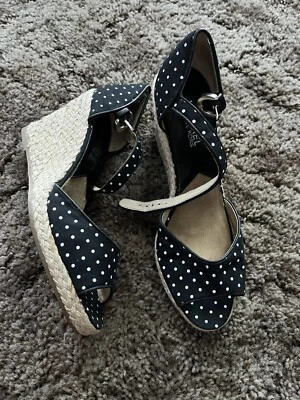 Michael Kors White Polka Dot Canvas Peeptoe Jute Wedges 6.5 Ankle Strap - Image 1 of 4