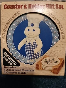 Pillsbury Doughboy Poppin'Fresh 4 Coasters&Holder Gift Set New - Picture 1 of 5