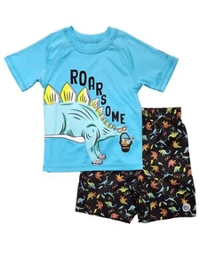 Boys Blue & Black Dinosaur Swim Trunks & Rash Guard Set Board Shorts - Picture 1 of 2
