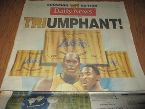 2002 LA Lakers NBA Championships 3-Peat Newspapers Daily News Souvenir Kobe Shaq - Picture 1 of 5