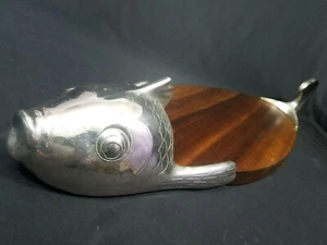 Pewtertone Japanese Tray 28" Platter Solid Wood Metal Fish Head Tail Board - Picture 1 of 12