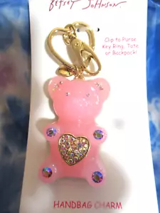 Betsey Johnson Handbag Charm Key Ring Clip Pink Gummy Bear Crystal Heart NWT - Picture 1 of 6