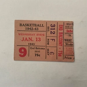 1/13/1943 - MSG.  Ticket from NYU v. W. Virginia basketball game - VG no creases - Picture 1 of 2