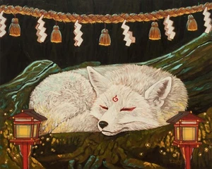 "Santuario volpe bianca, dipinto ad olio opera d'arte fantasy originale, 16""x20" - Foto 1 di 7