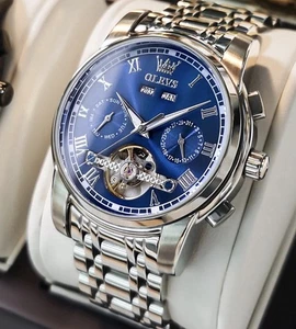 OLEVS PARA HOMBRES Acero Inoxidable Azul AUTOMÁTICO Esqueleto Tourbillon Esfera Número Romano 42mm - Imagen 1 de 6