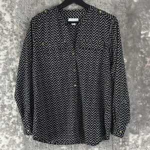Charter Club Petite Size PM Zigzag Casual Button Top Black White Long Sleeve - Picture 1 of 8
