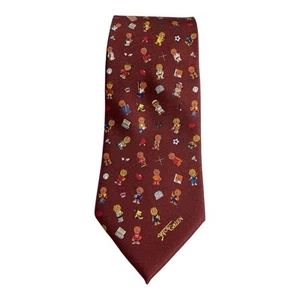 Satoe Gaklien Silk Neck Tie Chipmunk Sports Cartoon Print 9.5cm Wide Tie Maroon - Picture 1 of 8