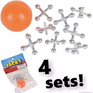4 SETS OF METAL STEEL JACKS WITH SUPER RED RUBBER BALL GAME CLASSIC TOY KIDS - Picture 1 of 5