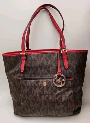 3COMPARTMENTS MICHAEL KORS SIGNATURE SHOULDER HOBO SATCHEL TOTE HANDBAG RED TRIM - Image 1 of 4