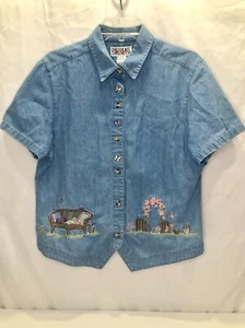 Bill Blass Jeans Vintage Shirt Women’s Large Blue Embroidered Cat Floral Design - Picture 1 of 8