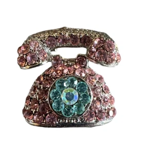 Retro Telephone Brooch Rhinestone Pink Pink Blue Rotary Dial Vintage Style Phone - Picture 1 of 6