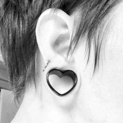SALE - Black Acrylic Heart Double Flare Tunnels 9/16" - 5/8" - Image 1 of 3