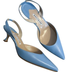 Manolo Blahnik Carolyne Blue Leather Pointed Toe Slingback Pumps 40.5 - Picture 1 of 14