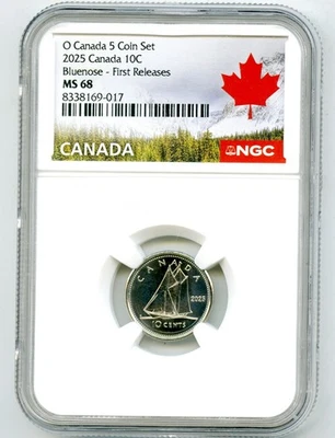 2025 O CANADA 10 CENT NGC MS68 KING CHARLES III BLUENOSE DIME FIRST RELEASES - Image 1 of 2