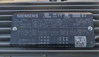 Siemens Motor GP100a  3hp  3600rpm 230/460v  182T frame 3ph  SN 1LE21211CA114AA3 - Image 1 of 4