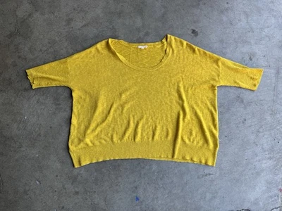 Suéter Eileen Fisher lã linho gola redonda manga curta tamanho médio mostarda - Imagem 1 de 3