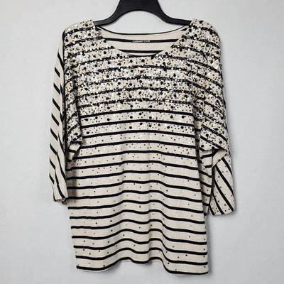 COLDWATER CREEK 棕褐色和海军蓝条纹中号 10-12 亮片波普弗衬衫 — 第 1/2 张图片