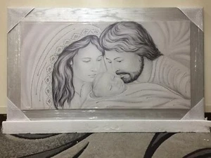 QUADRO MODERNO SACRA FAMIGLIA CON GLITTER E CORNICE IN LEGNO ARGENTO - Picture 1 of 3