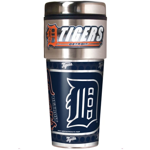 DETROIT TIGERS 16 OZ STAINLESS STEEL COFFEE TRAVEL MUG WITH METAL EMBLEM Cover