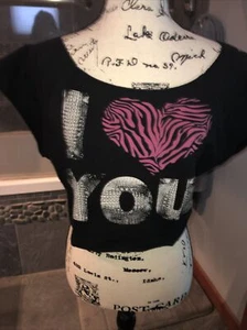 Women’s Madrag Black Short Sleeve Midriff “I ❤️ You” Sweatshirt Size L - Picture 1 of 7