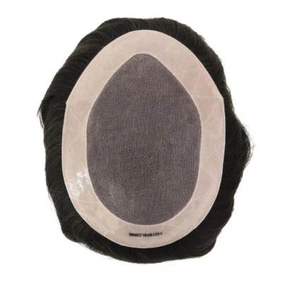 Durable Fine Mono Mens Toupee Human Hair Replacement System Lace Poly Hairpiece - Image 1 of 4