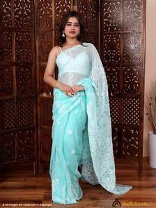 Meergrün Georgette Chikankari Saree Lucknowi Chikankari handgefertigtes Saree - Bild 1 von 4