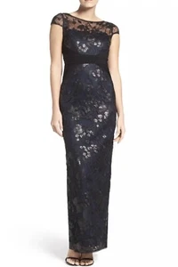 NEU ADRIANNA PAPELL schwarz marineblau bestickt Pailletten Spitzenbandkleid 10 - Bild 1 von 7
