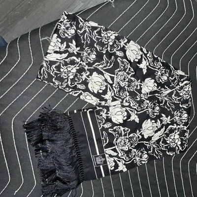 Dolce & Gabbana  Silk Neck Wrap/ Scarf Black Floral Fringe - Image 1 of 4