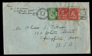 A-1112**JAMAICA 1931 CUBIERTA MULTI FRANQUEADO con ESLOGAN **KINGSTON TO SPRINGFIELD, MA - Imagen 1 de 2