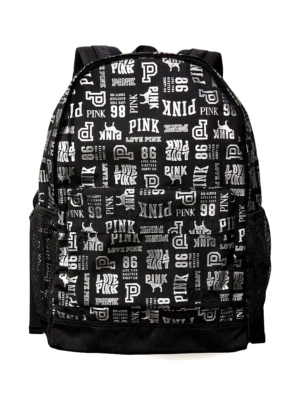 Victorias Secret PINK Backpack Classic Book Bag 2022 Black Silver Mixed Logo NWT - Image 1 of 4
