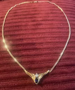 10k Yellow Gold Blue Sapphire Necklace 18" High Quality - Picture 1 of 10