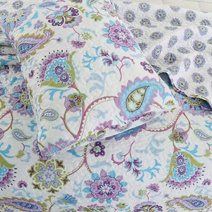 PURPLE PAISLEY 3p Queen QUILT SET : SPRING COTTAGE COZY CHIC SHABBY BLUE FLOWERS - Picture 1 of 5