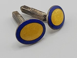 Deakin & Francis D&F Sterling Silver Blue & Yellow Enamel Guilloche Cufflinks - Picture 1 of 11